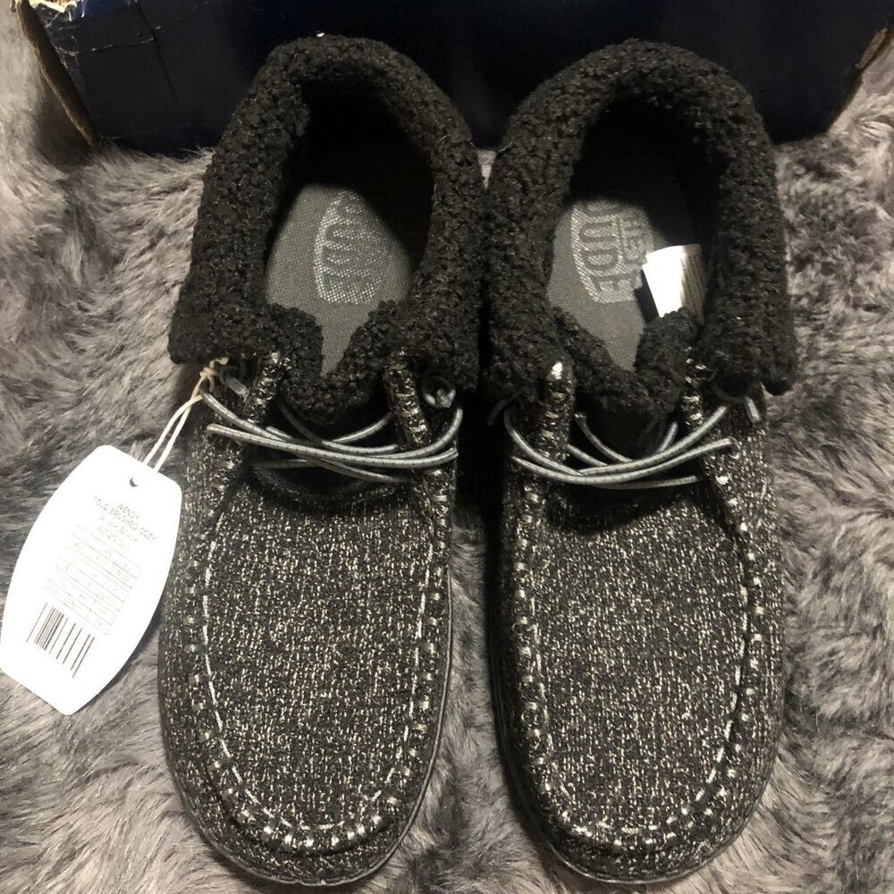 HEY DUDE Wendy Fold Brushed Cozy Women's 10 Faux Fur Slip-On Black Comfort Shoes - Picture 2 of 7